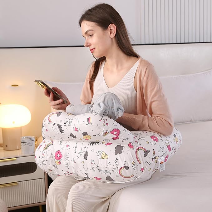 BABYLIAN Nursing Pillow for Breastfeeding,Ergonomic Baby Feeding Pillows with Removable Washable Cotton Slipcover, Adjustable Waist Strap,Plus Size,More Support for Mom and Baby(Unicorn)