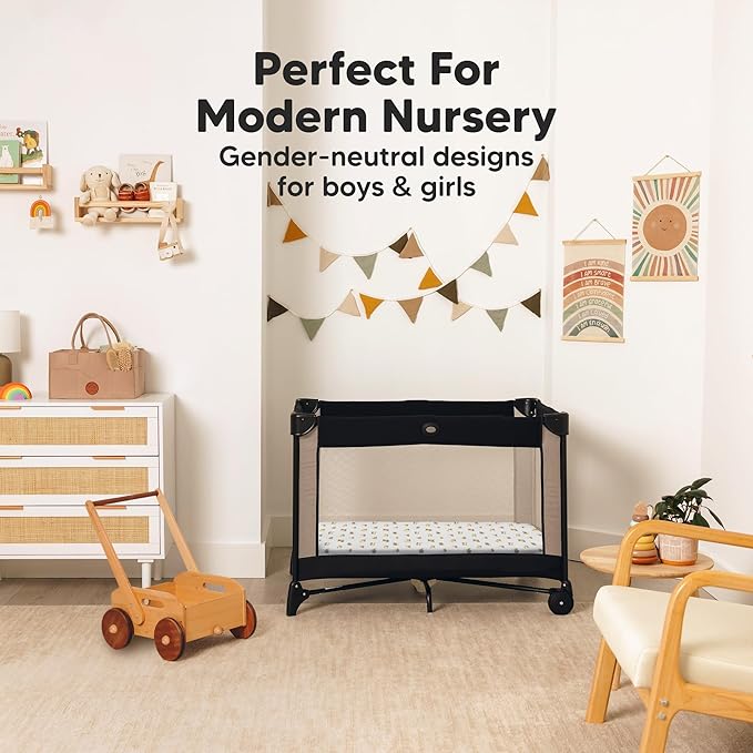 2-Pack Mini Crib Sheets Fitted - 38x26 Pack N Play Sheets for Pack and Play Mattress, Organic Cotton, Soft & Breathable Playard Bedding, Neutral Mini Toddler Bed Cover for Boys, Girls (Construction)