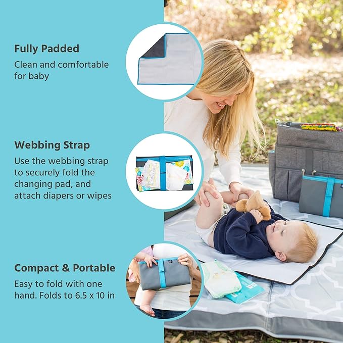 J.L. Childress Full Body Portable Changing Pad for Babies - Diaper Changing Mat for Travel, Baby Accessory Essentials, Wipeable & Water-Resistant, Foldable & Compact, Padded, Extra Large - Grey/Teal