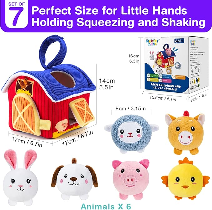 Baby Toys 6-12 Months, Barn Toy with Stuffed Farm Animals - Rattle, Crinkle Paper, Montessori Toys for 1 Year Old, Sensory Toy for Toddlers 1-3 Birthday Gifts Infant Christmas Stocking Stuffers