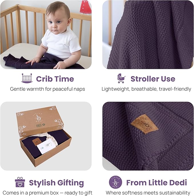 Little Dedi 100% Organic Cotton Baby Knitted Blanket with Gift Box - Soft Toddler, Crib, Stroller Blanket - Neutral Swaddle and Receiving Blanket for Newborns, 30"x40", Sweet Grape
