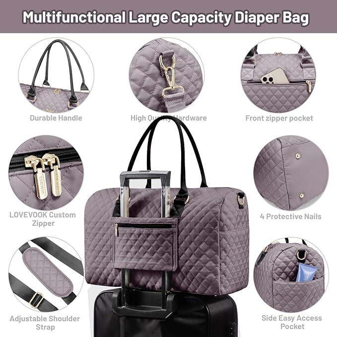LOVEVOOK Diaper Bag Tote with Pacifier Case and Changing Pad, Large Capacity Mommy Bag for Hospital and Weekender Travel, Functional Baby Bag Newborn Baby Essential, Purple Gray
