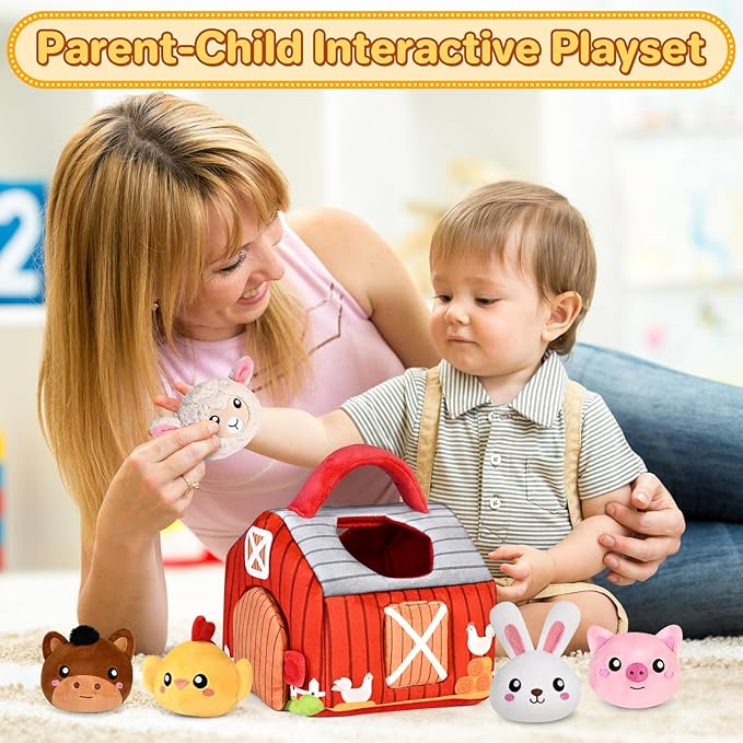Baby Toys 0-6 6-12 Months, Plush Big Red Barn with Farm Animals, Soft Sensory Toys with Crinkle, Rattles for 0-3-6-9-12 Month Newborn Infant, Christmas Easter Birthday Gifts for Baby Boys Girls﻿