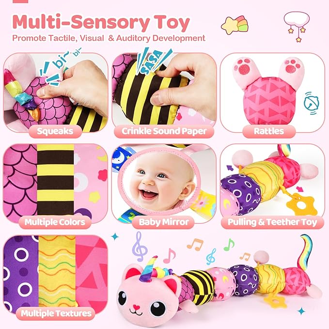 Baby Toys 0-6 6-12 Months, Sensory Musical Animal Stuffed Plush Unicorn Cat Toy for Infant 0-3-6 Months & Up, Tummy Time with Mirror Crinkle Rattle, Christmas Baby Shower Gifts for Newborn Boys Girls