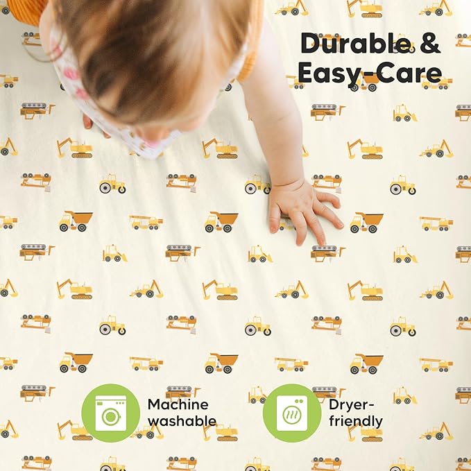 2-Pack Mini Crib Sheets Fitted - 38x26 Pack N Play Sheets for Pack and Play Mattress, Organic Cotton, Soft & Breathable Playard Bedding, Neutral Mini Toddler Bed Cover for Boys, Girls (Construction)