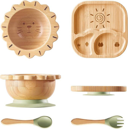 BABY REMEMBER Suction Plates Bowls Set for Baby Toddler Non-Toxic Bamboo Feeding Set with Silicone Fork & Spoon (Green Feeding Set)