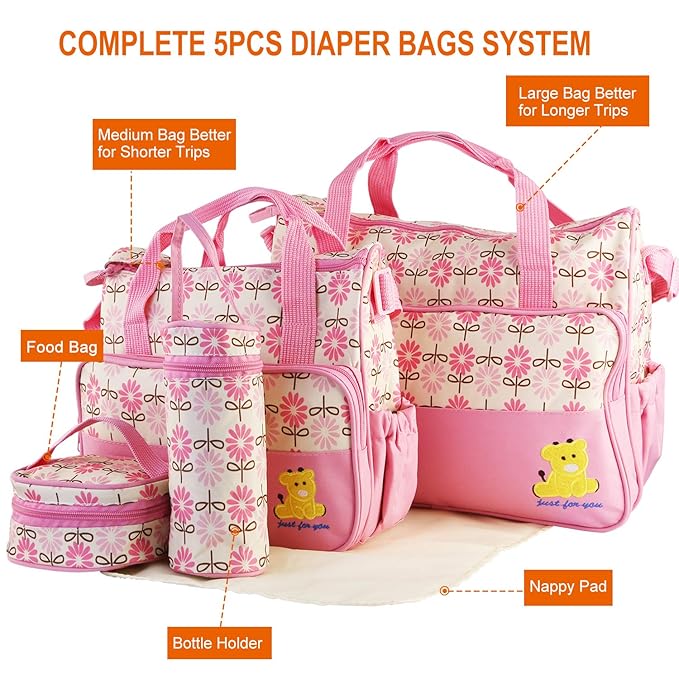 Moclever 5PCS Diaper Bag Tote Set for Baby Essentials – Large Baby Bags for Mom, Waterproof Maternity Bags with Bottle Bag, Food Bag & Changing Pad (Pink)