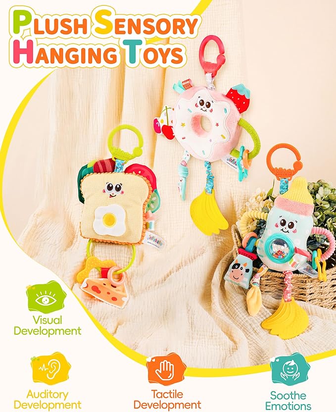 Jollybaby Baby Pull Vibration Toy - Tummy Time Sensory Hanging Toys for Car Seat, Stroller, Crib & Play Gym, with Babies Rattles & Teether, Airplane Travel Toys for Toddlers Gift - Donut