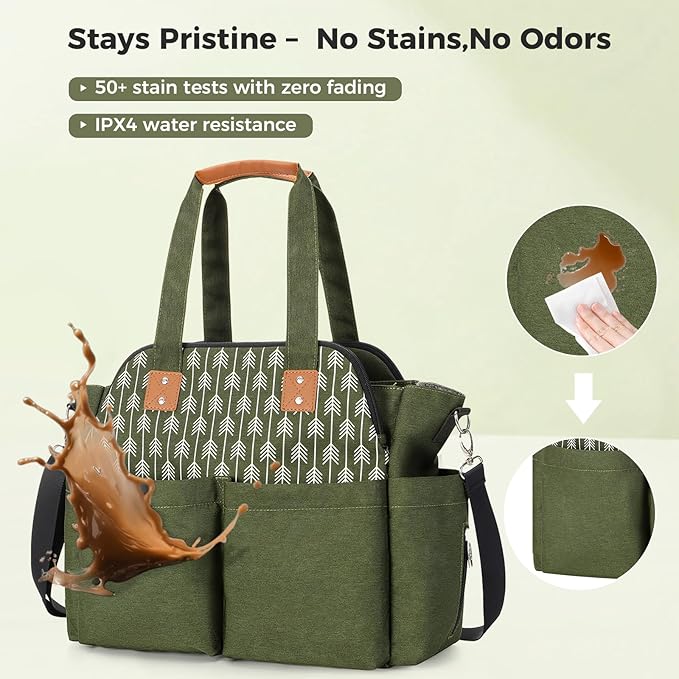 Lekebaby Diaper Bag Tote for Baby - 17 Pockets Large Travel Diaper Tote with Portable Changing Pad, Mom Crossbody Hospital Bag for Labor Delivery, Waterproof, Baby Essentials for Newborn Gifts, Green