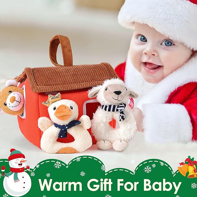 iPlay, iLearn Baby Toys 3 6 12 Month Newborn Gifts, Infant Soft Farm Stuffed Animal Rattles Plush Barn, Boy Girl Stuff, Basket Stocking Stuffer, Sensory Hand Development Toy 0 2 4 7 9M 1 Yr - Farm