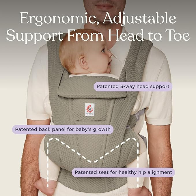 Ergobaby Omni Deluxe Baby Carrier Newborn to Toddler - Breathable Baby Carriers for Summer - All-Position Carrier with Enhanced Lumbar Support & Airflow (7-45 Pounds), Mesh, Soft Olive