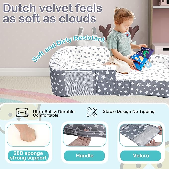 Toddler Travel Bed, Portable Toddler Bed & Chair 2-in-1 – Convertible Travel Crib with Storage Pockets, Built-waterproof Oxford Cloth, Easy,Washable Covers,Soft Dutch Velvet (Stars Pattern)
