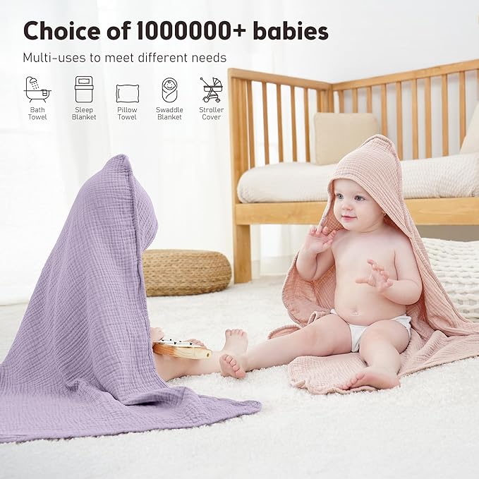 Susurration Hooded Baby Towels for Newborn 2 Pack 100% Muslin Cotton Towel for Babies，Highly Absorbent and Newborn Essential 30x30 Inch Pink&Purple