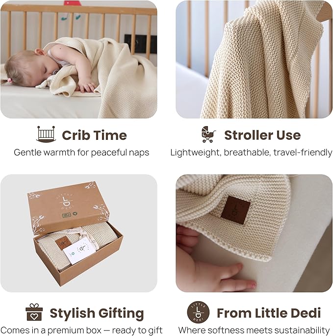 Little Dedi 100% Organic Cotton Baby Knitted Blanket with Gift Box - Soft Toddler, Crib, Stroller Blanket - Neutral Swaddle and Receiving Blanket for Newborns, 30"x40", Stone