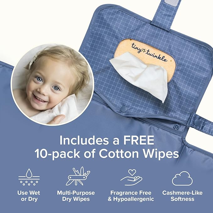 Tiny Twinkle Portable Diaper Changing Pad | Waterproof, Wipeable & Compact Baby Changing Pad for Travel | Smart Wipes Pocket & Organized Storage| Newborn Shower Gift (Grid)