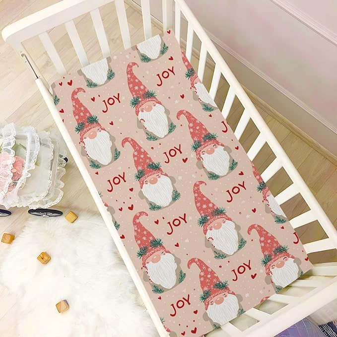 Pfrewn Christmas Crib Sheets for Boys Girls Gnome Cute Elf Heart Joy Fitted Crib Sheet for Mini Crib Mattress Stretch Soft Winter Pattern Toddler Baby Playard Sheet,39x27IN