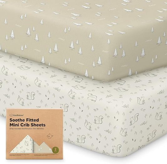 2-Pack Mini Crib Sheets Fitted - 38x26 Pack N Play Sheets for Pack and Play Mattress, Organic Cotton, Soft & Breathable Playard Bedding, Neutral Mini Toddler Bed Cover for Boys, Girls (Pine Grove)