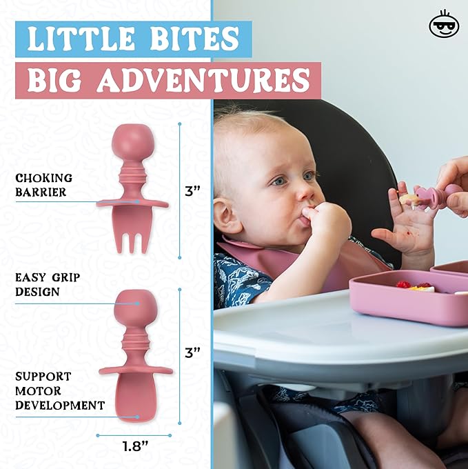 Travel Silicone Baby Feeding Set - Portable Toddler Plates with Suction, Soft Baby Spoon & Fork, Lightweight Foldable Silicone Bib & Waterproof Storage Bag – 6 Piece Set (dark pink)