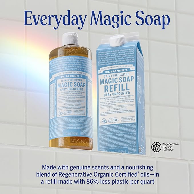 Dr. Bronner's Pure-Castile Liquid Magic Soap Bottle & Refill Carton - Made with Regenerative Organic Certified Oils- 18-in-1 Uses for Face, Body Wash, Hand Soap Refill- Baby Unscented, 32 oz