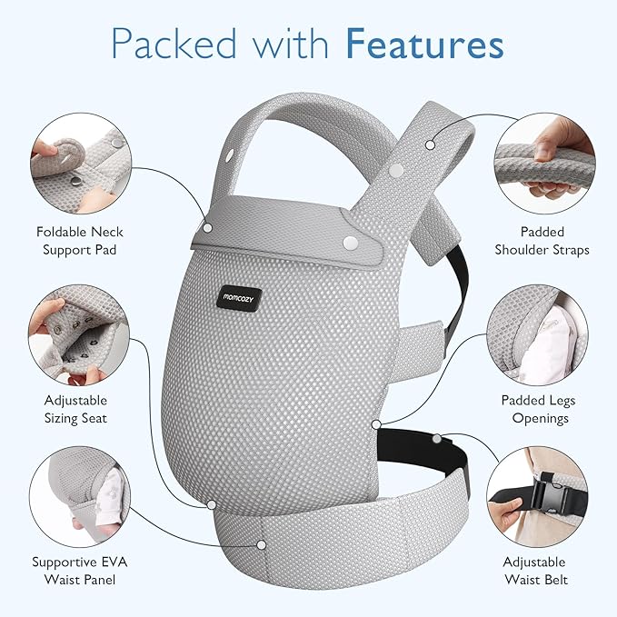 Momcozy Breathable Mesh Baby Carrier, Ergonomic and Lightweight Infant Carrier for 7-44lbs with Enhanced Lumbar Support, All Day Comfort for Hands-Free Parenting, Air Mesh-Grey