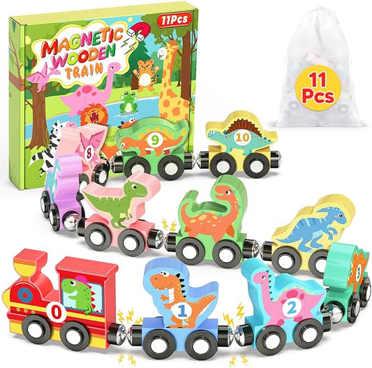 11 Pcs Magnetic Dinosaur Train Set Montessori Toys for 1 2 3 Years Old Toddlers Boys Girls, Wooden Dinosaur Preschool Learning Easter Basket Stuffers Sensory Toys Birthday Gifts Ages 1-3, 2-4