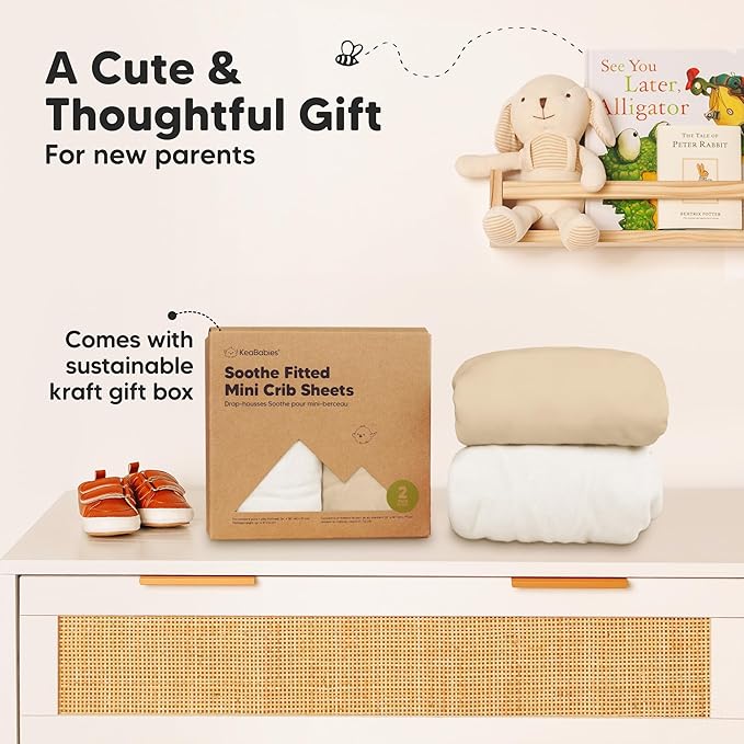 2-Pack Mini Crib Sheets Fitted - 38x26 Pack N Play Sheets for Pack and Play Mattress, Organic Cotton, Soft & Breathable Playard Bedding, Neutral Mini Toddler Bed Cover for Boys, Girls (Khaki)