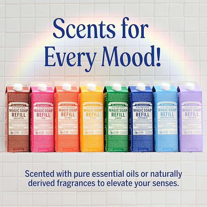 Dr. Bronner's Pure-Castile Liquid Magic Soap Bottle & Refill Carton - Made with Regenerative Organic Certified Oils- 18-in-1 Uses for Face, Body Wash, Hand Soap Refill- Baby Unscented, 32 oz