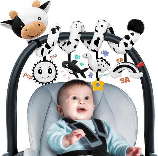 Spiral Car Seat Baby Toys 0-6 Months, Infant Carseat High Contrast Sensory Toys Hanging Stroller Accessories, Newborn Shower Gifts for Baby Boys Essentials Stuff, Cute Black and White Cow