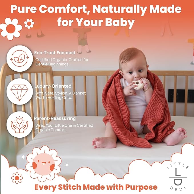 Little Dedi 100% Organic Cotton Baby Knitted Blanket with Gift Box - Soft Toddler, Crib, Stroller Blanket - Neutral Swaddle and Receiving Blanket for Newborns, 30"x40", Harvest Pumpkin