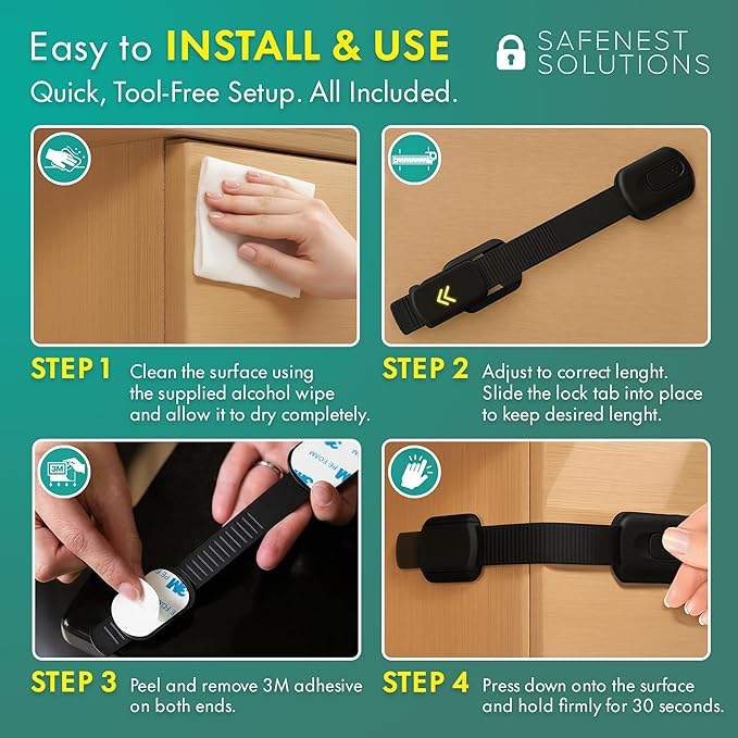 SAFENEST Child Proof Cabinet Locks (5 Pack Black) 3M Adhesive for Cabinets and Drawers, Fridge, Drawer Locks Baby Proofing, No Drilling; Alcohol Prep Pads Included