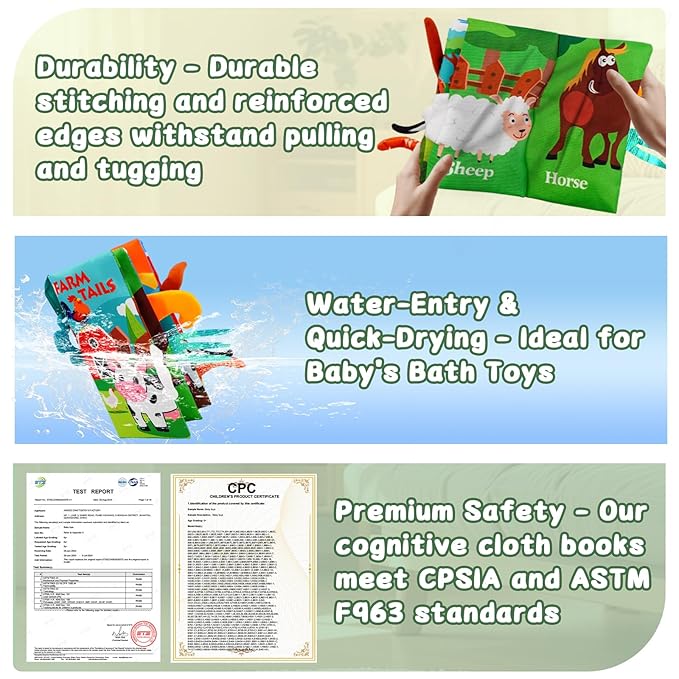 Baby Books Toys 0-12 Months with Teether,Tummy Time Crinkle Sensory Toys,High Contrast Touch & Feel Soft Book, Early Learning Infant Toys,Shower Gift for Boys Girls (Farm Animals)