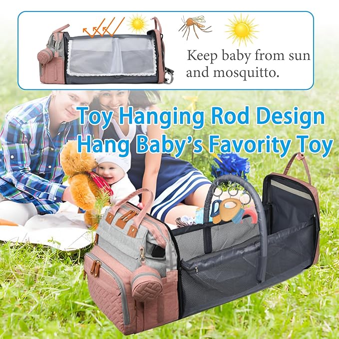 Jeryswet Baby Diaper Bags with Changing Station, Waterproof Large Capacity Diaper Bag Backpack for Moms Dads with USB Charging Port and Stroller Straps, Baby Shower Gifts, Pink-Grey