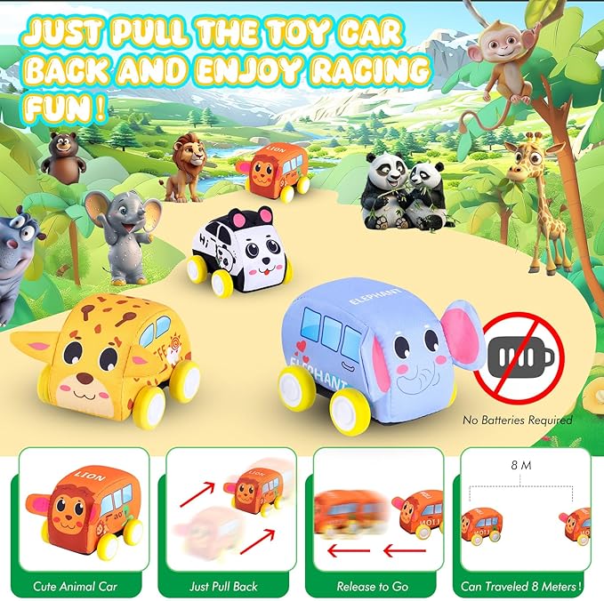 New Pull Back Vehicle & Music Mat Set, Soft Baby Toy Set with 4 Cute Animal Cars and Touch Play Blanket, New Interactive Mode, Folding and Storage 2-in-1, First Birthday Gifts for Toddler Toys 1-3