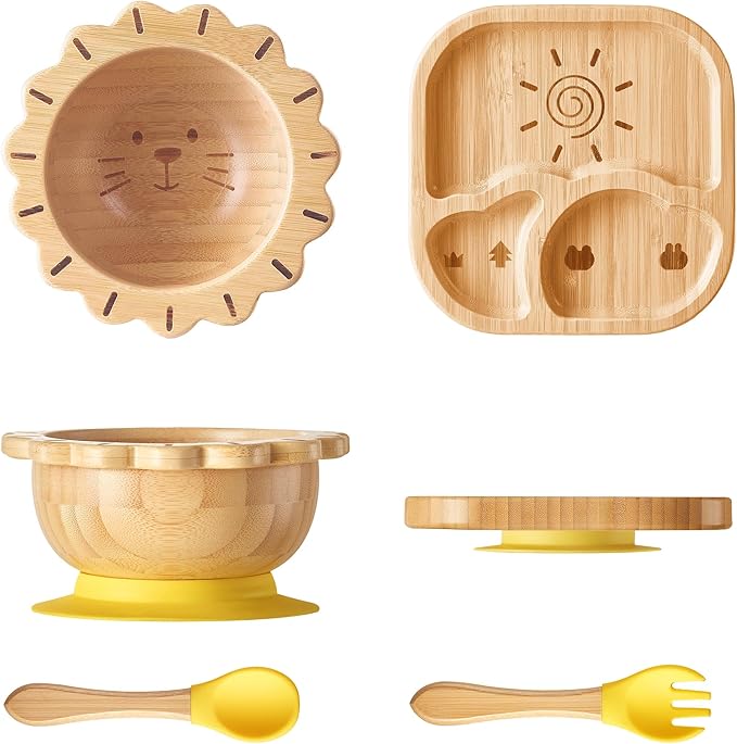 BABY REMEMBER Suction Plates Bowls Set for Baby Toddler Non-Toxic Bamboo Feeding Set with Silicone Fork & Spoon (Yellow Feeding Set)