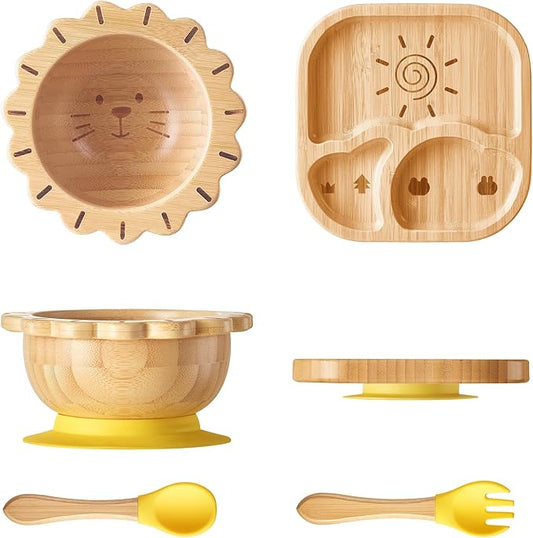 BABY REMEMBER Suction Plates Bowls Set for Baby Toddler Non-Toxic Bamboo Feeding Set with Silicone Fork & Spoon (Yellow Feeding Set)