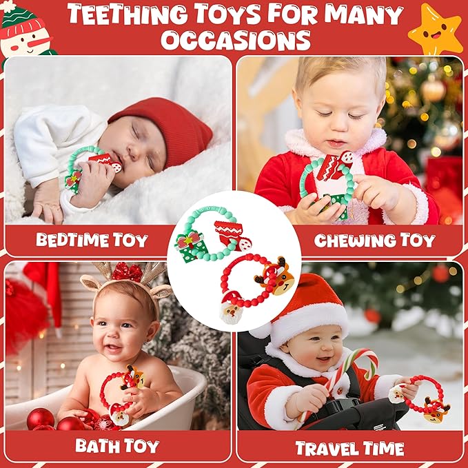 Christmas Baby Silicone Teether Toys - 2ooya 2Pcs Deer Gift Teething Ring Infant Soft Teether Toddler Sensory Chew Toy with Rattles for Newborn to Soothe Sore Gums The First Christmas Gifts for Babies
