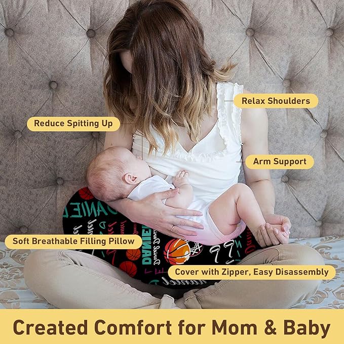 Rucekia Baby Nursing Pillow Cover - Personalized Name Basketball Theme Breastfeeding U-Shaped for Bottle Feeding, Ultra Soft Comfortable Breastfeeding Pillow Cover for Infant Baby Boys and Girls