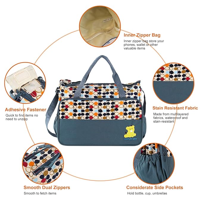 Moclever 5PCS Diaper Bag Tote Set for Baby Essentials – Large Baby Bags for Mom, Waterproof Maternity Bags with Bottle Bag, Food Bag & Changing Pad (Gray)