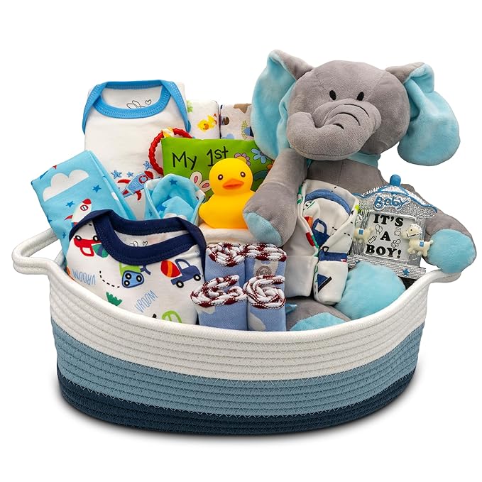 Bundle of Joy Deluxe New Baby Gift Basket | Newborn Baby Boy Gift Set with Baby Essentials | Baby Gift Basket for Expecting Moms | Baby Layette Set | Blue Baby Gift Set | Nikki's Gift Baskets