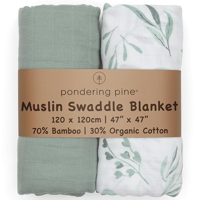 Organic Baby Muslin Swaddle Blankets for Boy or Girl - Eucalyptus Leaves and Sage Swaddling Blanket 2 Pack - Soft Muslin, XLarge and Breathable, Boho Baby, 47" X 47"