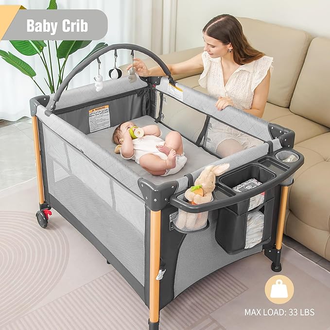 Baby Bassinet 5 in 1 Pack and Play,Baby Crib Adjustable Beside Sleeper One-Second &One-Hand Setup,Portable Playard Foldable Playpen for Newborn,Babies and Toddlers with Changing Table,Mattress (Grey)