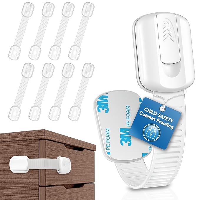 8 Pack Cabinet Locks Baby Proofing, Child Proof Cabinet Locks with Strong Adhesive Child Safety Locks for Doors No Drilling, Cabinet Locks for Babies- White