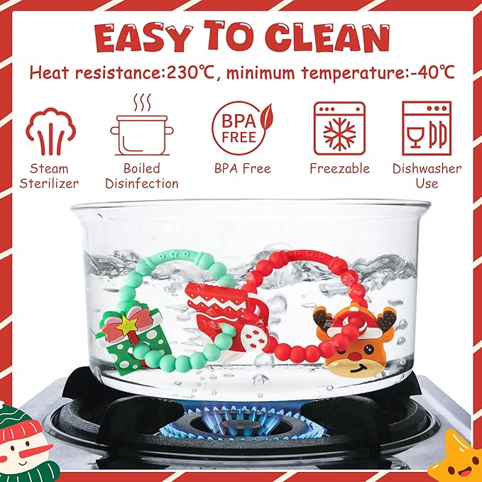 Christmas Baby Silicone Teether Toys - 2ooya 2Pcs Deer Gift Teething Ring Infant Soft Teether Toddler Sensory Chew Toy with Rattles for Newborn to Soothe Sore Gums The First Christmas Gifts for Babies