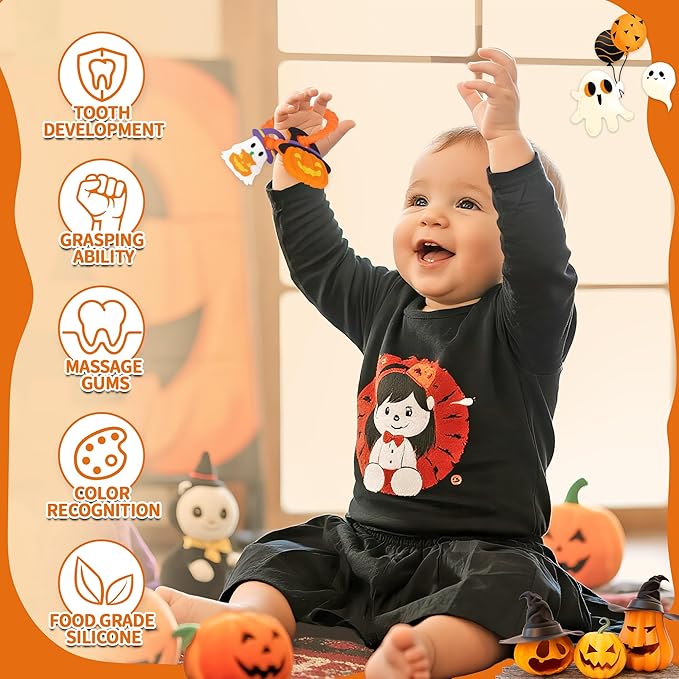 Baby Halloween Teething Toys, Soft Pumpkin & Ghost Textured Silicone Teether for 3-6 6-12 Months, BPA-Free Baby Halloween Teether Toys, Boo Basket Stuffers Sensory Gifts for Infant Boys & Girls
