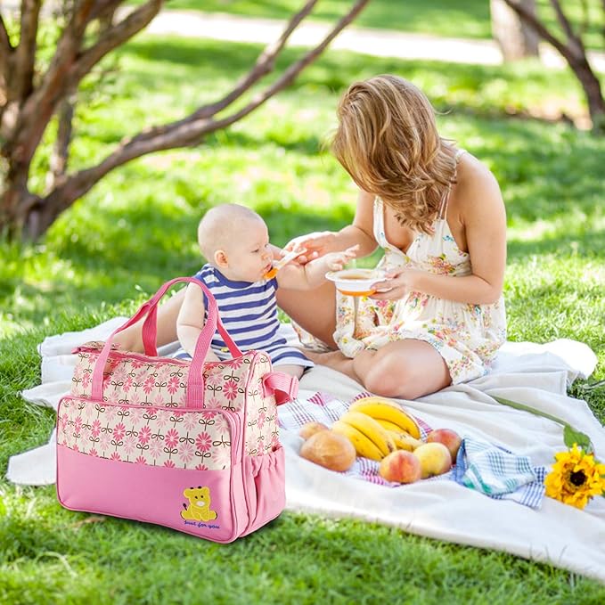 Moclever 5PCS Diaper Bag Tote Set for Baby Essentials – Large Baby Bags for Mom, Waterproof Maternity Bags with Bottle Bag, Food Bag & Changing Pad (Pink)