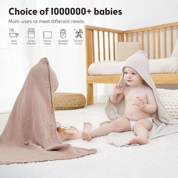 Susurration Hooded Baby Towels for Newborn 2 Pack 100% Muslin Cotton Towel for Babies，Highly Absorbent and Newborn Essential 30x30 Inch Cream&Sand