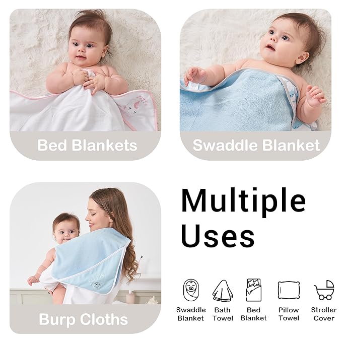 Viviland Baby Towels and Wash Cloths Set - Hooded Towels, Face Towels, Burp Cloths or Wipes - Absorbent Bath Towels - 6-Pack, Size 28 x 28 Inch (Pink Unicorn)