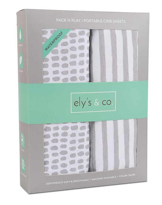 Ely’s & Co. Waterproof Pack and Play/Mini Crib Sheets – All-in-One Mattress Protector and Fitted Playard Sheets – Jersey Cotton – Grey Splash & Stripes, Gender Neutral Nursery Bedding – 2-Pack