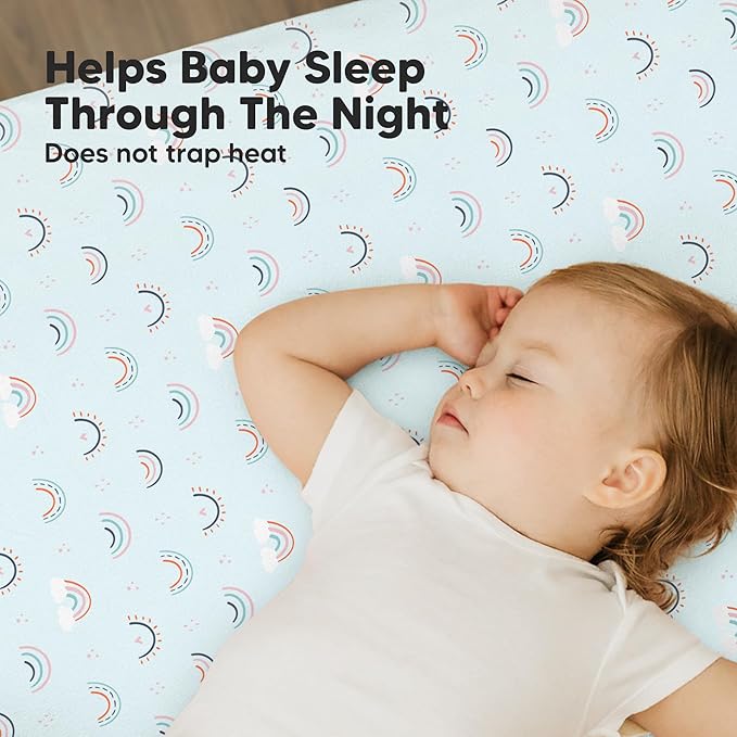 2-Pack Mini Crib Sheets Fitted - 38x26 Pack N Play Sheets for Pack and Play Mattress, Organic Cotton, Soft & Breathable Playard Bedding, Neutral Mini Toddler Bed Cover for Boys, Girls (Jolly Rainbow)