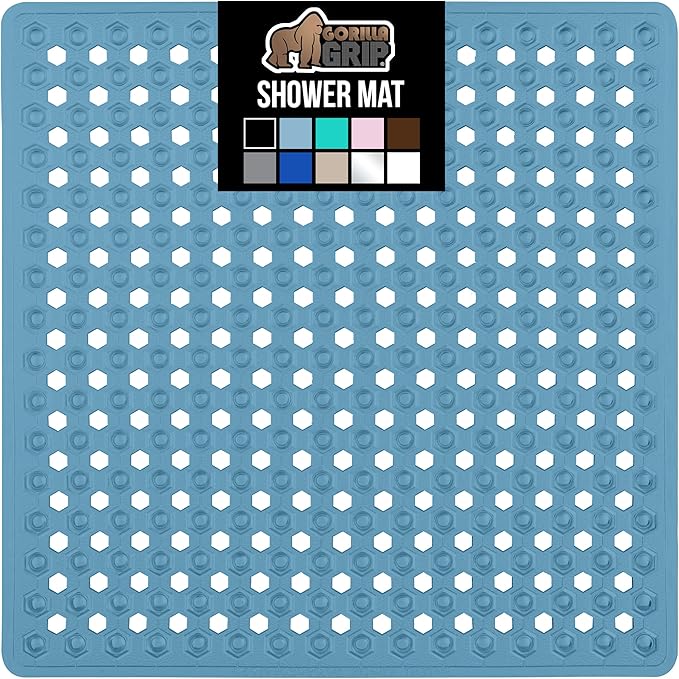 GORILLA GRIP Patented Square Shower Stall Mat, Small Bathtub Floor Mats for Stand Up Showers, Suction Cups and Drain Holes, Machine Wash, Soft on Feet, Bathroom Accessories 21x21 Inch, Sky Blue Opaque